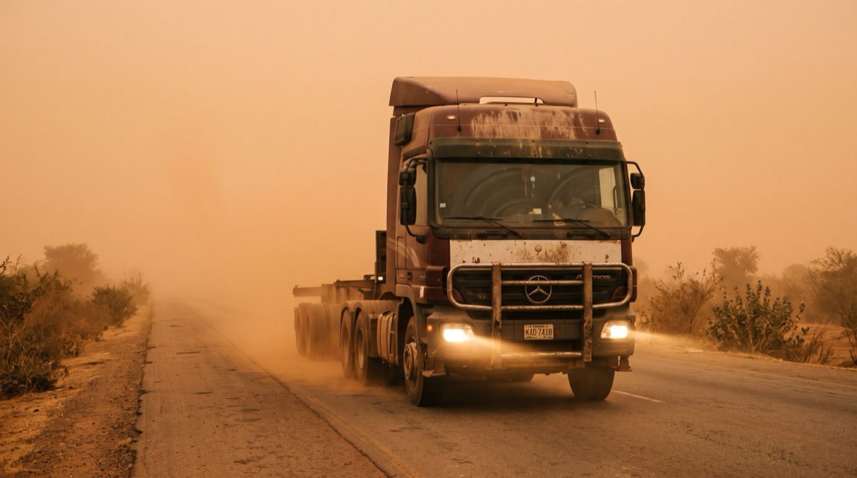 An articulated truck loaded with bagged cargo climbing a laterite-cut road in dust